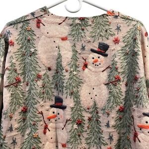 Womens Vintage Style Snowman Christmas Tree Embroidered Knit Sweater Beige L/XL